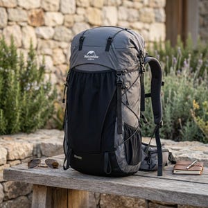 Może przedstawiać: Szaro-czarny plecak turystyczny w kratkę z logo Naturehike na górnej klapie i dolnej części przodu. Plecak posiada regulowane paski, boczne kieszenie z siatki oraz czarny panel przedni, ustawiony obok okularów przeciwsłonecznych i notatnika.