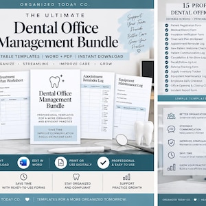 Puede incluir: Un paquete digital de gestión de consultorio dental con 15 plantillas editables que incluyen registro de pacientes, planes de tratamiento y registros. Incluye documentos blancos con detalles azules, un bolígrafo y un accesorio en forma de diente.