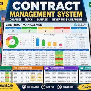 Op de afbeelding: Een digitaal contractbeheersysteem op een scherm, met een Excel-sjabloon inclusief gegevenstabellen, een cirkeldiagram en staafdiagrammen. De interface bevat secties voor contractgegevens, belangrijke data en contactinformatie.