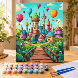 以下が含まれることがあります： 複数の塔を持つファンタジー城のカラフルなイラストが描かれた数字で塗り絵キット。手前には木製の橋と緑豊かな木々があり、明るい青空にはいくつかの熱気球が浮かんでいる様子が描かれています。