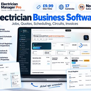 May include: A laptop screen displaying Electrician Manager Pro software with a dashboard showing jobs, quotes, and schedules. Smaller windows show a weekly planner and a circuit register. The interface includes text for managing jobs, quotes, scheduling, circuits, and invoices.