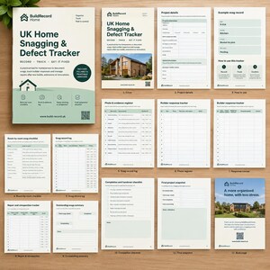 Peut inclure: Un ensemble de douze pages imprimées pour un UK Home Snagging & Defect Tracker, comprenant une couverture, des détails de projet, des listes de contrôle et des journaux. Les documents sont en vert sauge et noir, avec le texte BuildRecord Home.