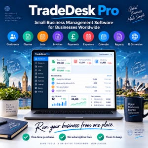 May include: TradeDesk Pro small business management software displayed on a laptop screen. The interface shows a dashboard with financial data, invoices, and job tracking. The image includes icons for customers, quotes, jobs, invoices, payments, expenses, calendar, reports, and currencies.