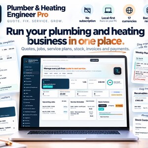 May include: A laptop displaying the Plumber & Heating Engineer Pro software dashboard, featuring tools for quotes, jobs, service plans, and invoices. Surrounding the screen are pop-up windows showing a job record, weekly planner, action centre, and stock control.