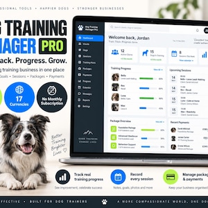 May include: A laptop displaying the Dog Training Manager Pro software dashboard, featuring client lists, training progress, and session schedules. A black and white border collie lies in the foreground. Text includes £9.99 One-Time Purchase and No Monthly Subscription.