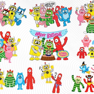 Puede incluir: Una colección de ilustraciones de los personajes de Yo Gabba Gabba con Muno, Foofa, Brobee, Toodee y Plex en varias poses, incluyendo temas de cumpleaños, actividades musicales y disfraces con el texto Happy Birthday y Hugs Are Fun.