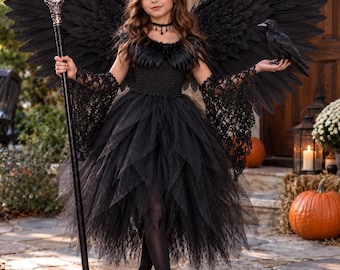 Hexenkostüm für Mädchen, Gothic-Halloweenkostüm für Kinder, Schwarzes Hexenkleid, Dunkles Feenkostüm, Halloween-Kostümset