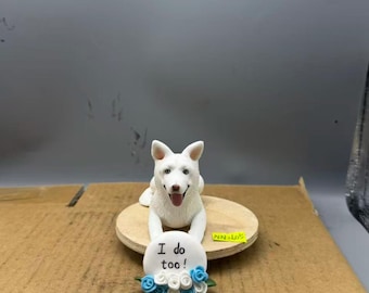 カスタム犬用ウェディングケーキトッパー、パーソナライズされた犬用誕生日プレゼント、手作りのペット用粘土製記念日像