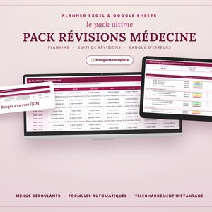 Peut inclure: Un planificateur d'études médicales numérique pour Excel et Google Sheets intitulé PACK RÉVISIONS MÉDECINE. L'affichage présente un planning hebdomadaire, une banque d'erreurs QCM et un tableau de bord avec des tons bordeaux et blancs, incluant 6 onglets complets.