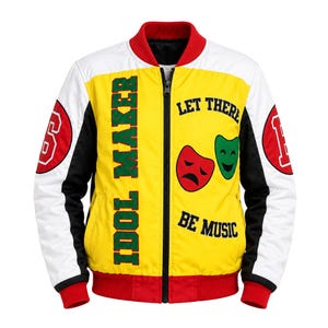 Retro Hip Hop Bomber Jacket | Yellow Fleece Varsity Coat with Music Patches | 80s 90s Streetwear Unisex Jacket | Fans Gift