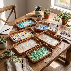 May include: A collection of six rectangular woven rattan trays featuring inlaid mother-of-pearl or colored shell mosaic patterns in floral designs. The trays display various color palettes including blue, green, white, and multi-colored floral motifs.