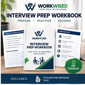 Puede incluir: Un libro de ejercicios de preparación para entrevistas con el logotipo de WorkWised, titulado Interview Prep Workbook, Your Guide to Confidence and Success. Incluye preguntas comunes, respuestas de muestra y consejos en PDF.