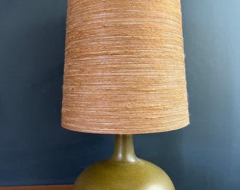 Mid-century Lotte Lamp with original string shade and brass finial olive green ceramic base