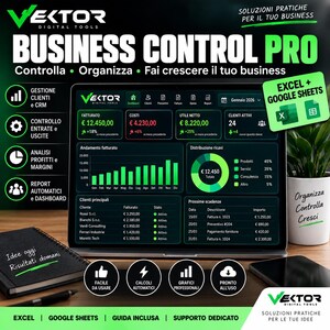 Könnte beinhalten: Ein digitales Dashboard mit dem Titel BUSINESS CONTROL PRO auf einem Bildschirm, das Finanzdiagramme, Kundenlisten und Umsatzdaten zeigt. Die Benutzeroberfläche enthält Symbole für CRM, Gewinnanalyse und automatisierte Berichte mit italienischen Beschriftungen.