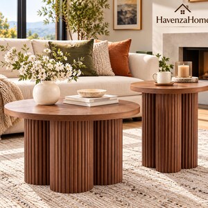 Fluted Round Nesting Coffee Tables Set of 2, Modern Wood Coffee Table and Side Table, Space Saving Living Room Furniture