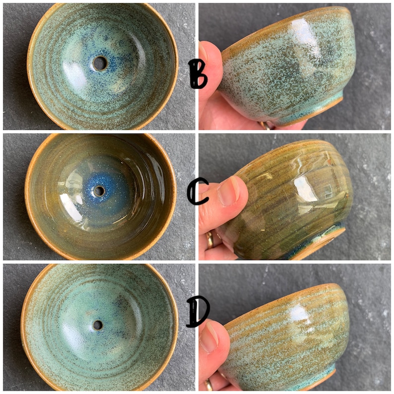 May include: Four ceramic bowls with a green and brown glaze. The bowls have a round shape and a small hole in the center of the bottom.