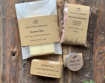 Home Spa Sample Packs, Vegan Organic Natural - Bath Salts - Bath Melts - Face Scrub - Soap