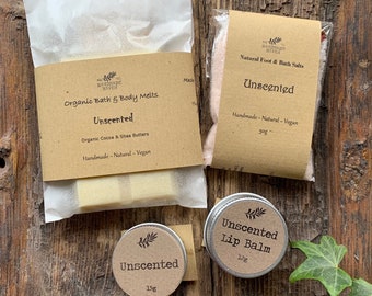 Unscented Vegan Samples - Face Scrub - Bath and Body Melts - Foot and Bath Salts - Lip Balm