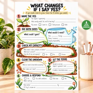 May include: A white printable worksheet titled What Changes If I Say Yes? featuring six numbered sections with prompts for decision-making, illustrated with colorful plant graphics, a watering can, soil mounds, and blank lines for writing responses.