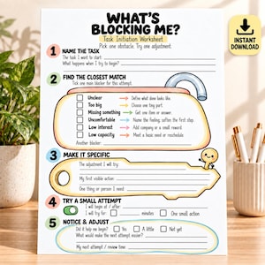 May include: A white paper task initiation worksheet titled WHAT'S BLOCKING ME? featuring numbered sections from 1 to 5. The design includes a padlock graphic with checkboxes for blockers and a key graphic for adjustments, with a small yellow key character.