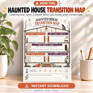 May include: A rectangular ADHD tool titled Haunted House Transition Map. The graphic features a house layout with five rooms for task management, including prompts for current tasks, resetting, and next steps, plus a transition countdown timer.