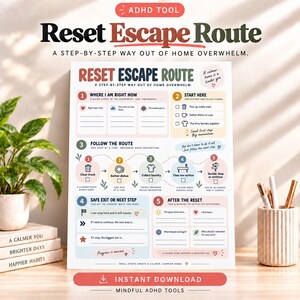 以下が含まれることがあります： Reset Escape Route, a step-by-step way out of home overwhelmと題されたADHDツール。この文書には、家事のためのチェックリスト、プロンプト、フローチャートを含む5つの番号付きセクションがあり、パステルカラーの配色でデザインされています。