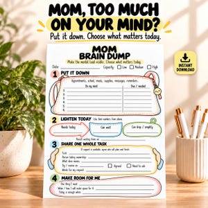 Puede incluir: Una hoja de planificación blanca titulada MOM BRAIN DUMP con secciones para tareas, priorización y delegación. El diseño presenta un gráfico de bolso, pasos numerados y texto que incluye MOM, TOO MUCH ON YOUR MIND? e INSTANT DOWNLOAD.