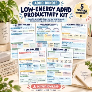 Puede incluir: Un paquete digital de TDAH con cinco hojas de trabajo imprimibles tituladas Low-Energy ADHD Productivity Kit. Las páginas incluyen secciones para descarga mental, listas de tareas según energía, lista de rescate y seguimiento de pasos.