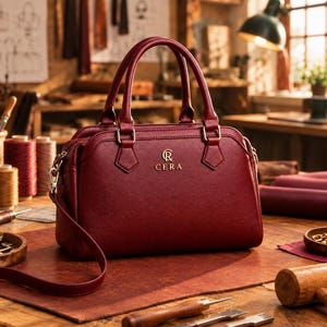 Könnte beinhalten: Eine tiefrote, strukturierte Handtasche mit zwei Tragegriffen und einem abnehmbaren Schulterriemen. Auf der Vorderseite befindet sich ein goldenes Logo mit dem darunter zentrierten Schriftzug CERA. Die Tasche hat eine strukturierte Oberfläche.