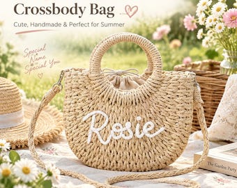 Sac seau en paille personnalisé, sac bandoulière tissé brodé avec nom, sac à main rond bohème en rotin, cadeau d'été pour demoiselle d'honneur à la plage