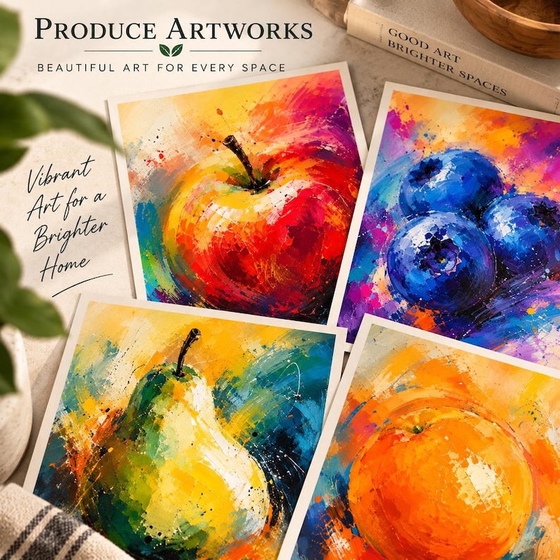 May include: Four square art prints featuring vibrant, expressive paintings of fruit: a red apple, a cluster of blue blueberries, a green pear, and an orange. The prints include text reading Produce Artworks, Beautiful Art for Every Space, and Vibrant Art for a Brighter Home.