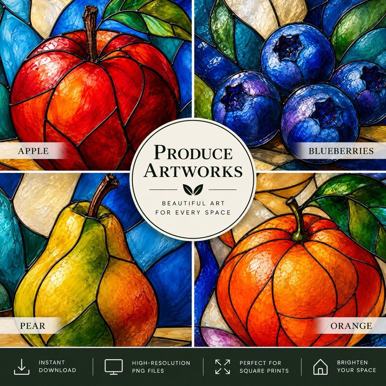 Op de afbeelding: Een digitaal kunstwerk in vier panelen met illustraties in glas-in-loodstijl van een appel, bosbessen, een peer en een sinaasappel. De centrale cirkelvormige tekst luidt Produce Artworks, Beautiful Art For Every Space.
