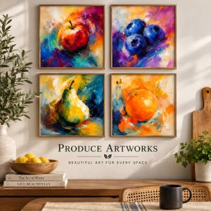 May include: Four square wall art prints featuring vibrant, impressionistic oil paintings of an apple, blueberries, a pear, and an orange. Each piece displays bold, expressive brushstrokes in a multi-colored palette against a light wall.