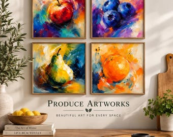 Abstracte fruit muurdecoratie set van 4 | Kleurrijke keukenprints | Appel, bosbes, peer, sinaasappel | Printbare digitale download