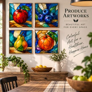Op de afbeelding: Vier vierkante wandkunstprints met illustraties in glas-in-loodstijl van een rode appel, blauwe bosbessen, een geel-groene peer en een sinaasappel. De tekst luidt PRODUCE ARTWORKS, BEAUTIFUL ART FOR EVERY SPACE en Colorful Art for a Healthier, Happier Home.