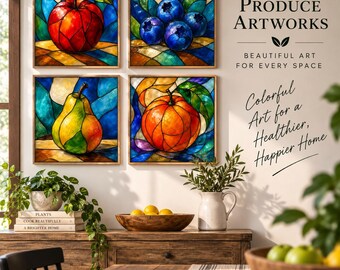 Stained Glass Fruit Wall Art Set of 4 | Colorful Kitchen Printable Art | Apple Blueberry Pear Orange Digital Prints