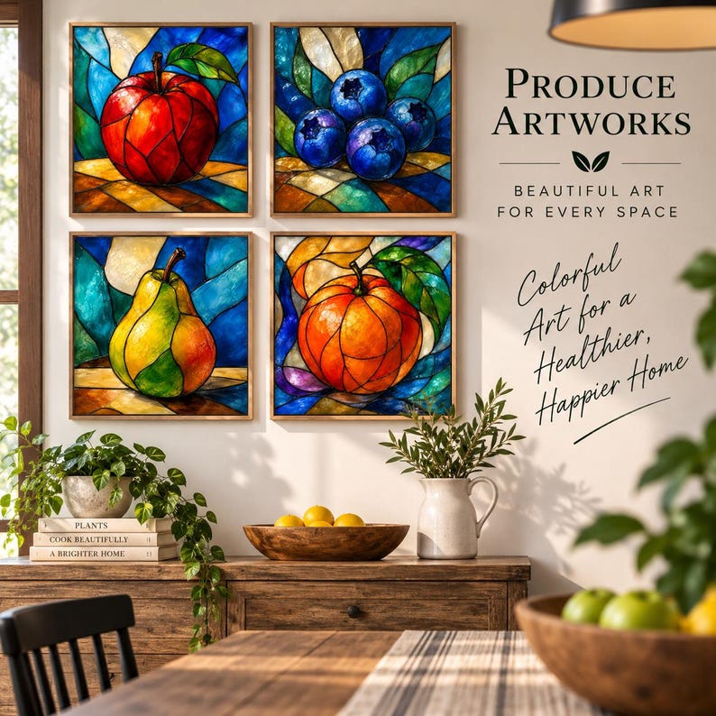 Op de afbeelding: Vier vierkante wandkunstprints met illustraties in glas-in-loodstijl van een rode appel, blauwe bosbessen, een geel-groene peer en een sinaasappel. De tekst luidt PRODUCE ARTWORKS, BEAUTIFUL ART FOR EVERY SPACE en Colorful Art for a Healthier, Happier Home.