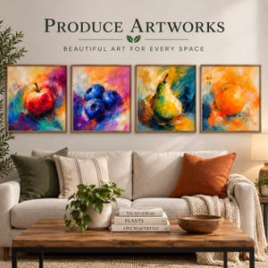 May include: Four square wall art prints featuring vibrant oil-style paintings of an apple, blueberries, a pear, and an orange. Each piece displays bold, expressive brushstrokes in rich colors against abstract backgrounds, arranged in a horizontal row.