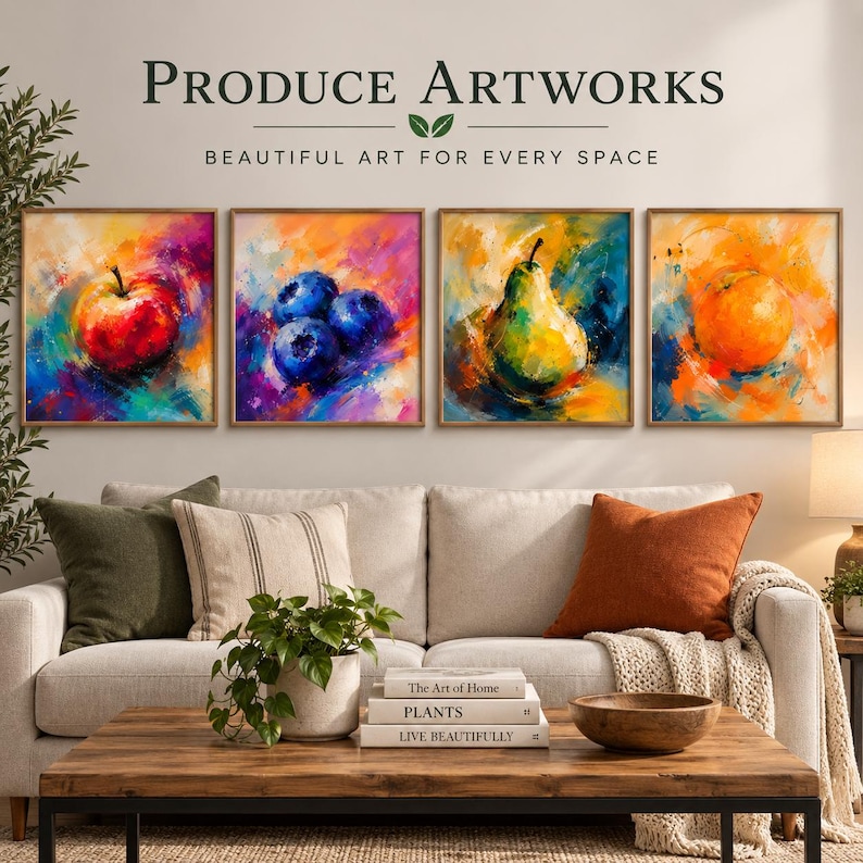 May include: Four square wall art prints featuring vibrant oil-style paintings of an apple, blueberries, a pear, and an orange. Each piece displays bold, expressive brushstrokes in rich colors against abstract backgrounds, arranged in a horizontal row.