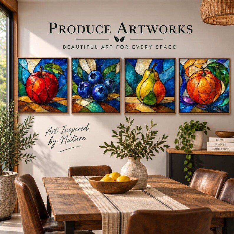Op de afbeelding: Vier ingelijste vierkante kunstprints met illustraties in glas-in-loodstijl van een rode appel, blauwe bosbessen, een gele en groene peer en een sinaasappel. De tekst luidt PRODUCE ARTWORKS BEAUTIFUL ART FOR EVERY SPACE en Art Inspired by Nature.