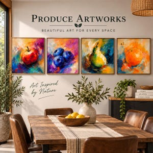 May include: Four square wall art prints featuring vibrant, impressionistic oil paintings of an apple, blueberries, a pear, and an orange. The text "PRODUCE ARTWORKS" and "Art Inspired by Nature" is displayed on the wall above and below the artwork.