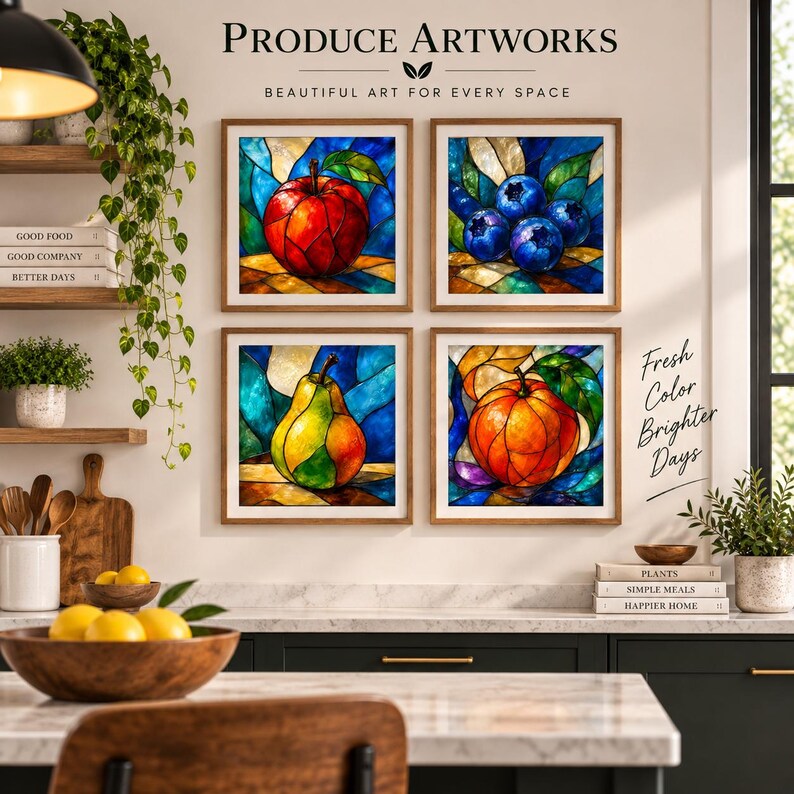Op de afbeelding: Vier vierkante wandkunstprints met illustraties in glas-in-loodstijl van een appel, bosbessen, een peer en een sinaasappel. De tekst Produce Artworks, Beautiful Art for Every Space en Fresh Color Brighter Days is zichtbaar op de muur.