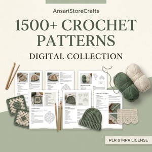 May include: A digital collection of 1500+ crochet patterns by AnsariStoreCrafts, featuring printed instruction sheets, wooden crochet hooks, two yarn skeins in sage green and cream, two granny squares, and a sage green crocheted beanie.