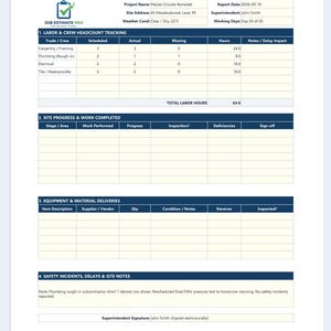 Könnte beinhalten: Ein Job Estimate Pro Baustellenbericht-Formular mit dem Titel Master Ensuite Remodel. Es enthält Abschnitte zur Arbeitszeiterfassung, zum Baufortschritt, zu Materiallieferungen und Sicherheitsnotizen für verschiedene Gewerke wie Tischlerei und Sanitär.