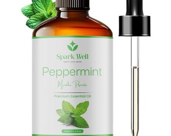 May include: An amber glass bottle of Spark Well Peppermint Mentha Piperita premium essential oil with a black cap and a separate glass dropper. The label features green text and mint leaf graphics, stating 120ml / 4 fl oz.