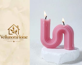 Pink Sculptural Arch Candle, Ribbed Double Wick Geometric Decor