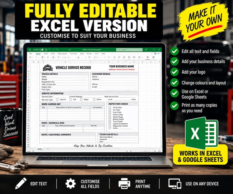 Vehicle Service Record Sheet | Car Maintenance Log | Garage Service ...