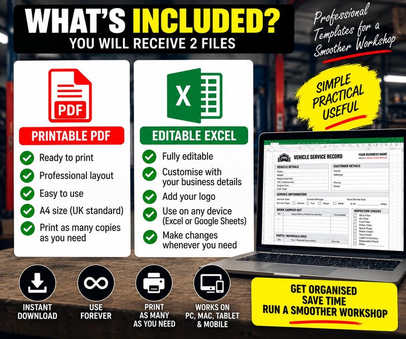 Vehicle Service Record Sheet | Car Maintenance Log | Garage Service ...