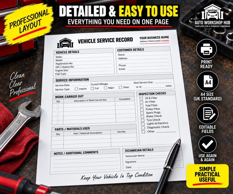 Vehicle Service Record Sheet | Car Maintenance Log | Garage Service ...