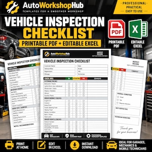 Puede incluir: Una plantilla digital de lista de verificación de inspección de vehículos de AutoWorkshopHub, en formatos PDF imprimible y Excel editable. El documento incluye secciones para datos del cliente, revisiones exteriores, bajo el capó y bajo el vehículo con casillas.